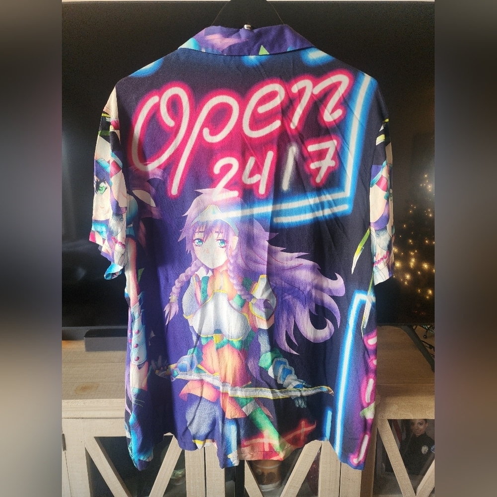 ASOS Y2k Anime Graphic Button-Up Shirt | Neon Manga Print | Bold Streetwear Top - Picture 2 of 8